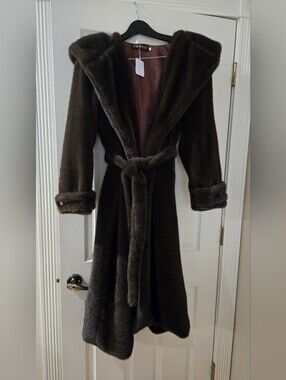 Brown Faux-Fur Hooded Long Coat with Belt